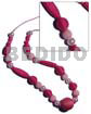 Long Endless Necklaces Pink Tones Wrapped Wood Beads / 30mm/15mm/ And Flat Capsule 45mm W/ Pearl Bead & White Rose Shell Combi In Glass Beads / 34 In.