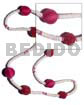Long Endless Necklaces 4-5mm White Clam Heishe W/ 20mm/15mm Round Wrapped Wood Beads In Fuschia And Pink Combi / 32 In.