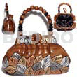 Native Bags Collectible Handcarved Laminated Acacia Wood Handbag / Kelly Naturalw/ Carved Leaces Glod/brnze/silver Combi/ 9inx5 1/4inx3 3/4in / Handle Ht:4 In. / W/ Black Satin Inner Lining