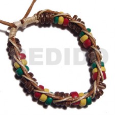 Rasta Red Yellow Wood Beads Wax Cord adjustable BRACELETS - MACRAME BFJ5271BR