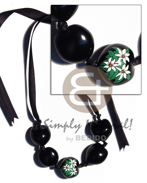 Kukui Nuts Ribbon Black Hand Painted Lumbang Seed Choker Kukui Lei Necklace BFJ1739NK