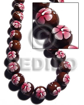 Madre de Cacao Round Painted 15 mm Pink Flower Wood Beads - Painted Wood Beads BFJ369WB
