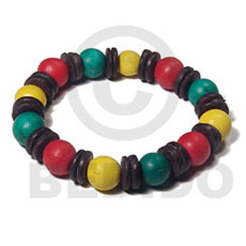 Rasta Green Yellow Red Wood Beads Elastic 7.5 inches Wood Bracelets BFJ5463BR
