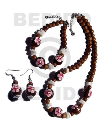 Wood Beads Brown Set Jewelry Earrings Necklace Hand Painted Set Jewelry BFJ038SJ