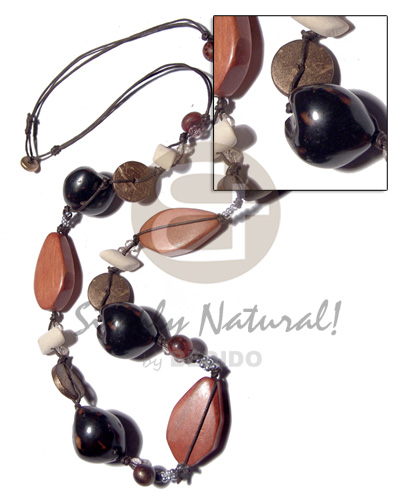 Wood Beads Lumbang Kukui Nut Seed Coconut 32 inches Freeform Brown Black Wooden Necklaces BFJ2934NK