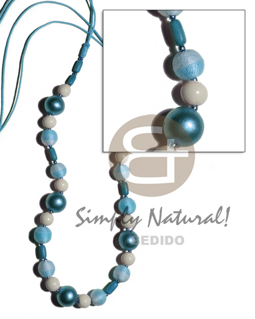 Wood Beads Wax Cord Light Blue 36 inches Wooden Necklaces BFJ2055NK