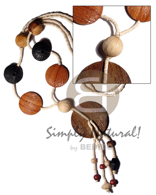 Wood Textured Coconut Heishi Painted 50 mm Flat Round/Coin Bleached White Brown Wooden Necklaces BFJ2393NK